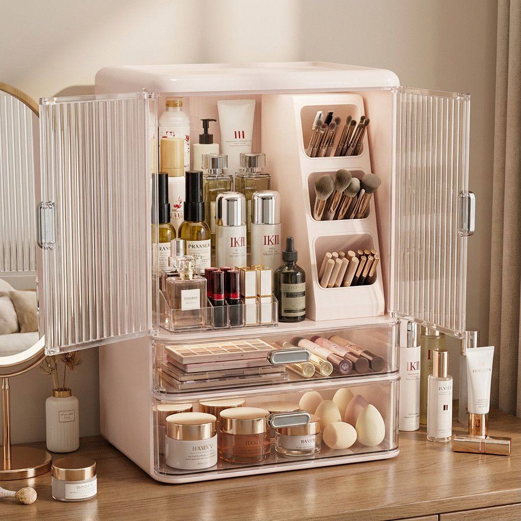 化妆品收纳收纳盒桌面防尘护肤品置物架梳妆台口红大容量化妆盒,收纳整理,桌面收纳盒,淘宝优惠券,粉丝福利购,淘宝优惠卷