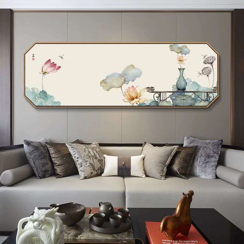 新中式客厅挂画主卧室床头装饰画茶室沙发背景墙横幅荷花壁画现代