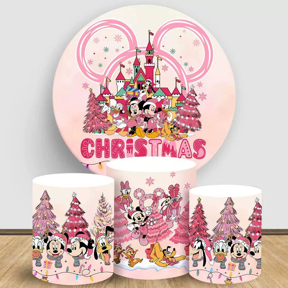 Mickey Minnie Christmas Round Backdrop Winter Pink Xmas Tree