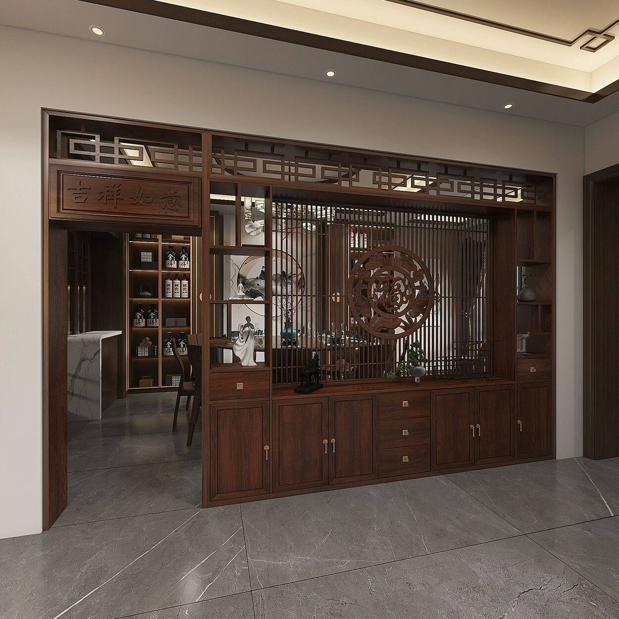 新中式实木屏风月洞门隔断客厅家用玄关柜入户博古架门厅餐厅拱门