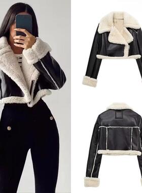 Women's Cropped Leather Jacket Coat Black Wool Blends Coats
