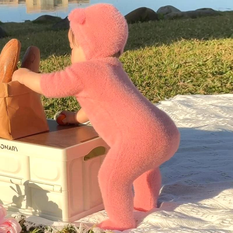 网红ins婴儿秋冬装连体衣男女宝水貂绒可爱小熊包脚爬服外出哈衣