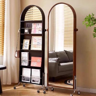 中古可移动实木书柜家用落地多功能书报杂志架全身镜一体复古书架