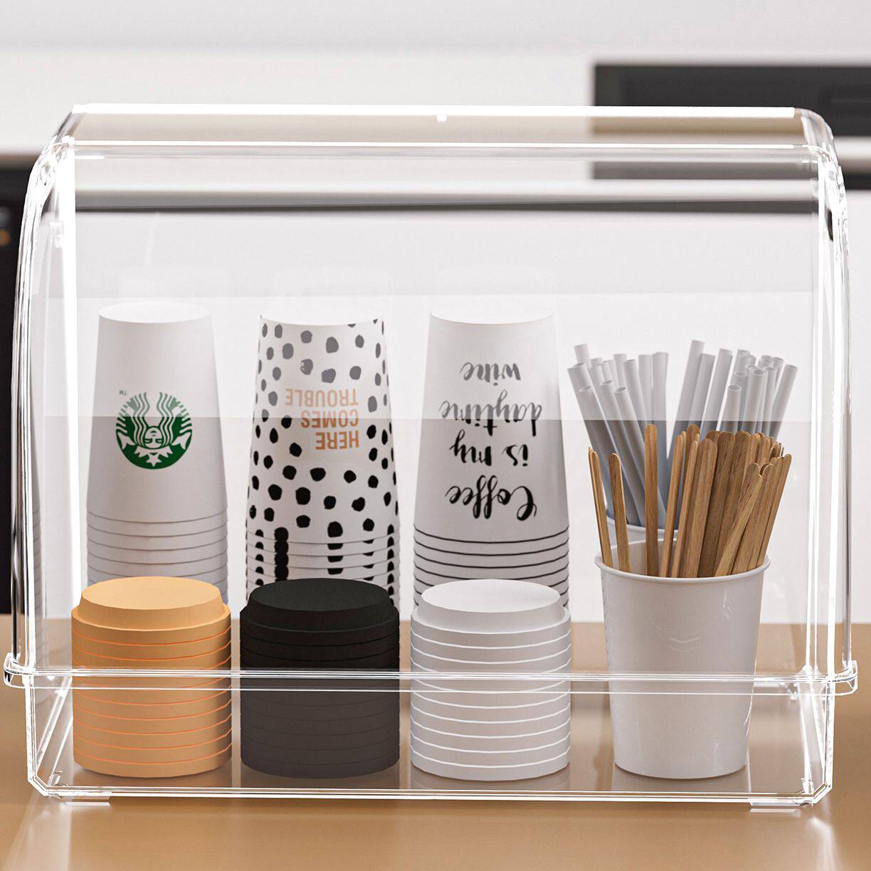 一次性茶杯收纳盒一次性咖啡杯收纳盒防尘带盖塑料水杯放置架纸杯