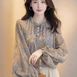 时髦气质雪纺小衫法式碎花灯笼袖衬衫女春夏款防晒长袖薄款上衣