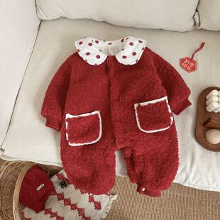 新生婴儿红色拜年服冬季女宝宝加绒加厚连体衣百天周岁满月外出服