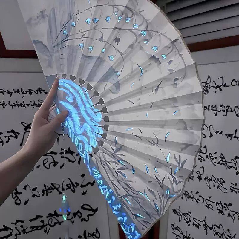 古风发光折扇白色真丝手绘舞蹈扇DIY表演道具超仙配饰扇子回旋器