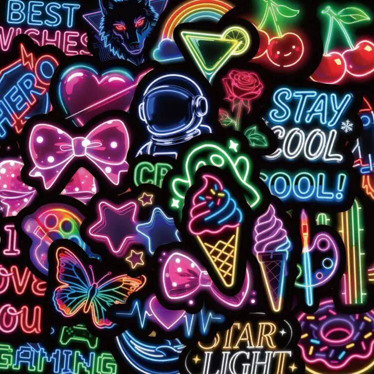 60张彩色萤光霓虹闪烁贴纸卡通趣味高颜值装饰手机保护壳笔记本贴,文具电教/文化用品/商务用品,贴纸/立体贴纸,淘宝优惠券,粉丝福利购,淘宝优惠卷