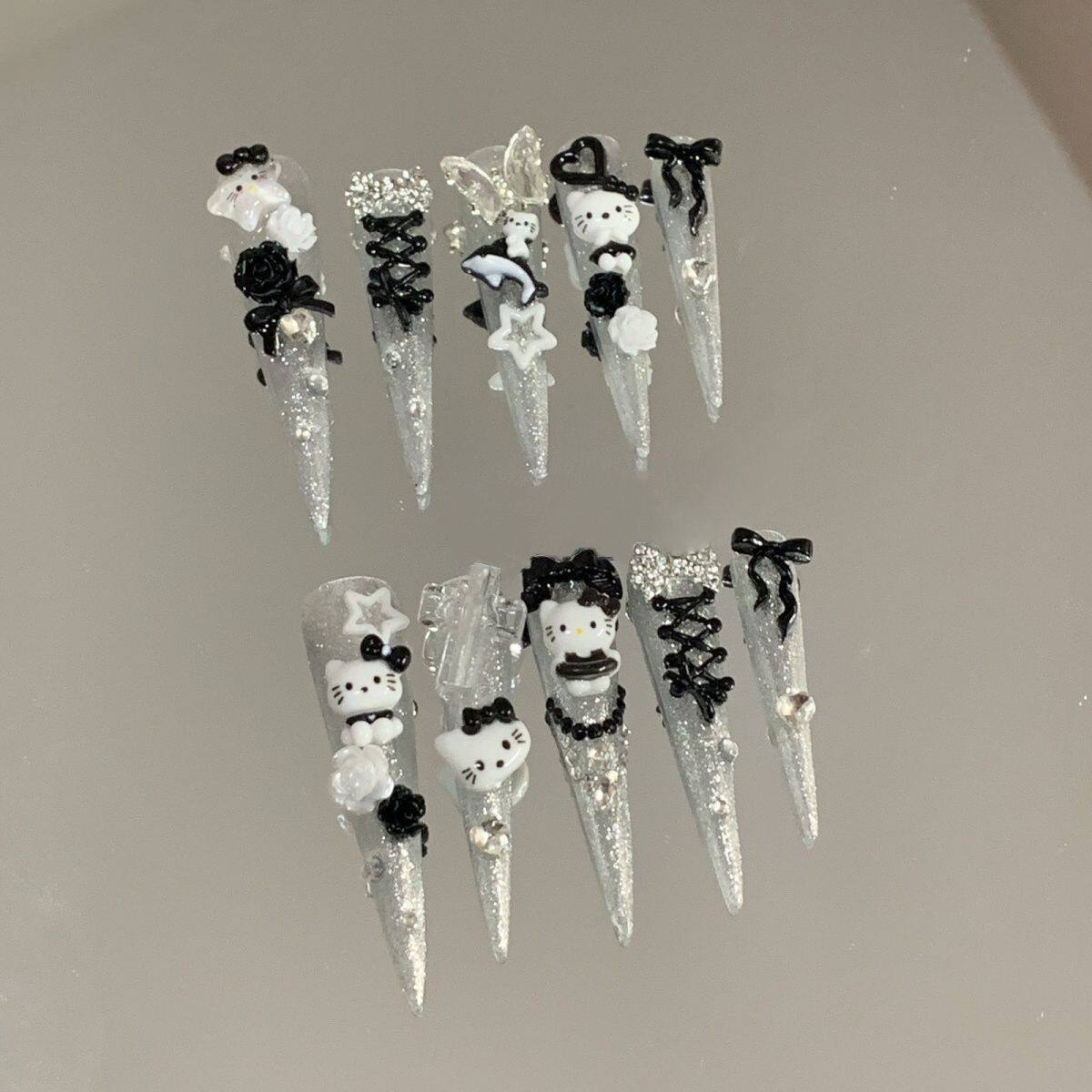 爆闪5.5超长尖黑白kt绑带辣妹穿戴甲y2k千禧kt控手工制作可反复