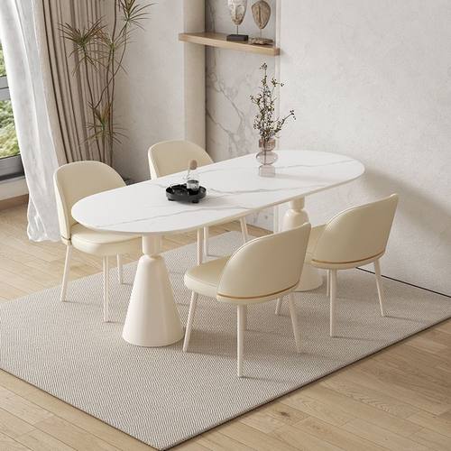 法式奶油风岩板餐桌小户型家用极简网红餐桌椅组合轻奢现代饭桌子