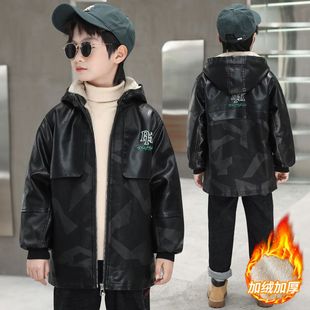 男童皮夹克外套加绒加厚冬款中大童儿童皮衣冬天男孩中长款秋冬季