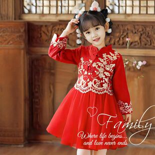 女童新年拜年服小女孩中式旗袍公主裙女宝宝周岁唐装过年喜庆衣服