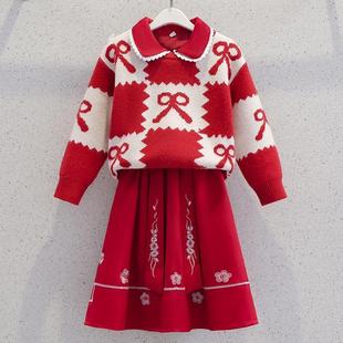 女童秋冬季连衣裙套装2025新款国风红色女孩拜年服毛衣裙子两件套