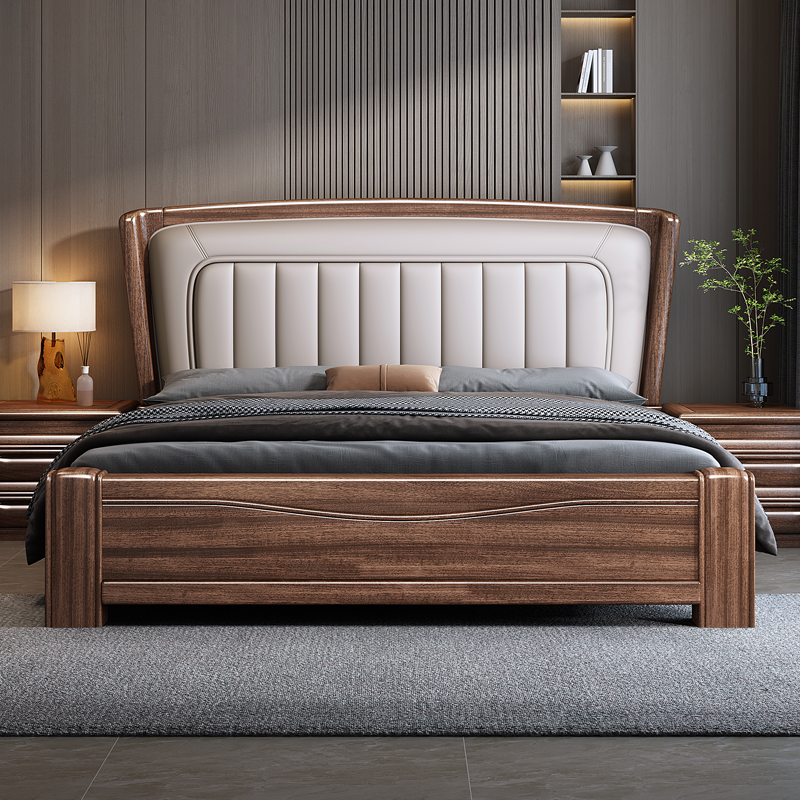 喜临门胡桃木实木床中式软包现代简约主卧室1.8米大床轻奢双人真