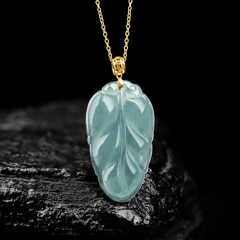 高档天然A货翡翠蓝水树叶吊坠18K金扣头冰种玉石挂件花件女款玉坠