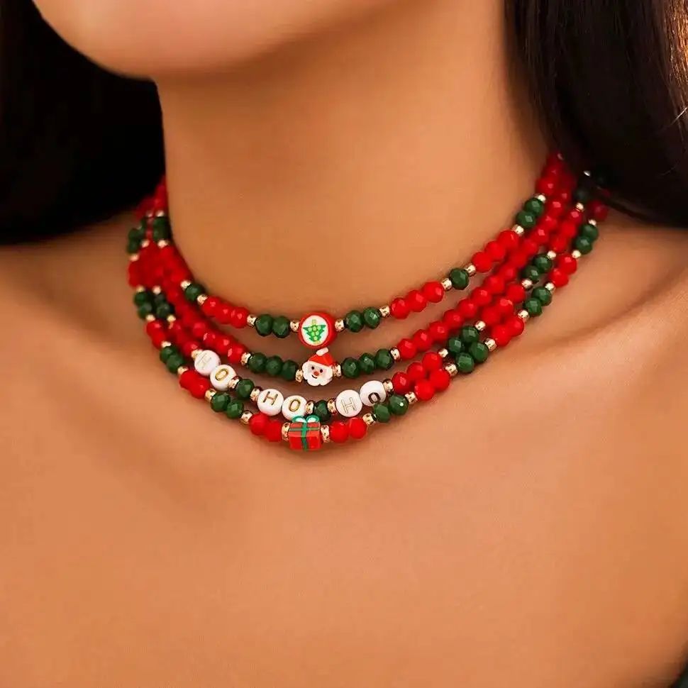KunJoe 4 Pieces Red and Green Crystal Bead Chain Necklace Wo