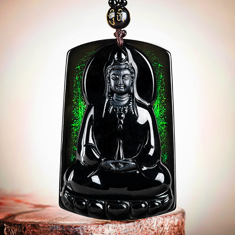 天然墨翠a货翡翠素衣净瓶观音佛像玉石吊坠透绿挂件男士项链女款