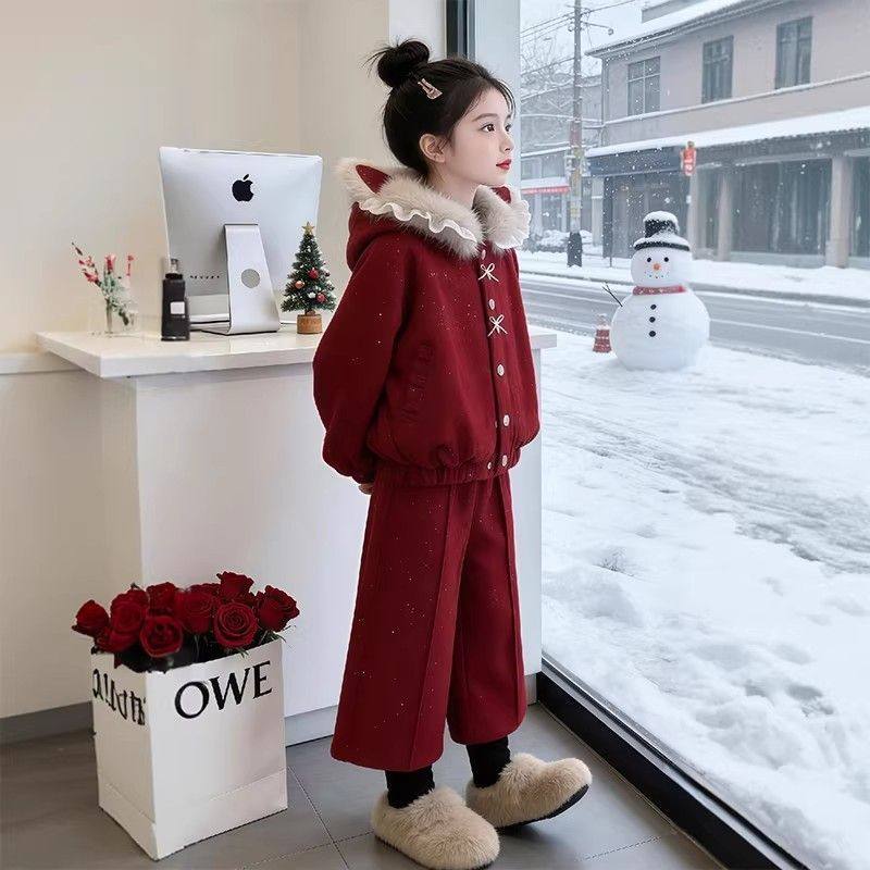 女童冬装加绒连帽套装中大童女孩拜年服2026新款红色运动两件套潮