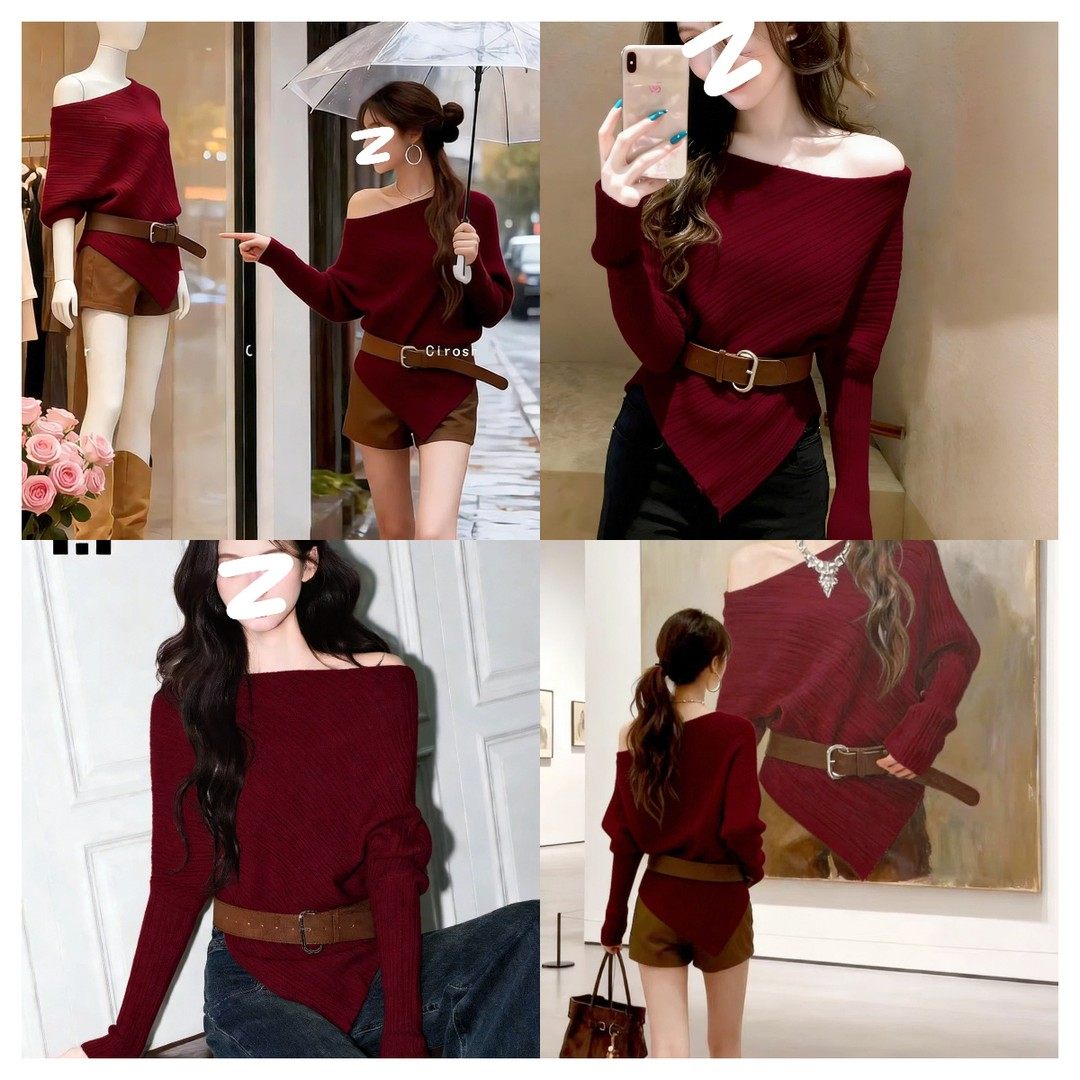 【红莓果酱 | 加厚版】韩里韩气纯欲毛衣2025秋冬新款斜肩针织衫,女装/女士精品,毛衣,淘宝优惠券,粉丝福利购,淘宝优惠卷