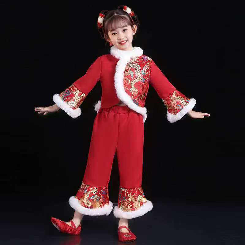 新款儿童拜年服秧歌服民族扇子舞演出服男女童喜庆服开门红打鼓服