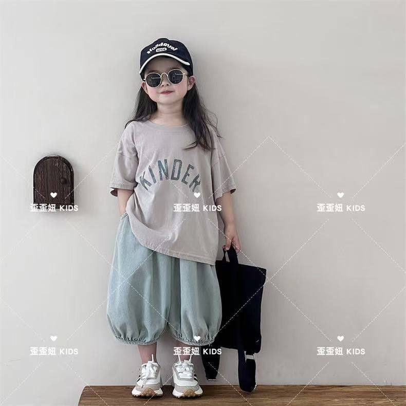 2025儿童复古森系套装字母印花短袖圆领T恤日系宽松灯笼牛仔裤,童装/婴儿装/亲子装,套装,淘宝优惠券,粉丝福利购,淘宝优惠卷