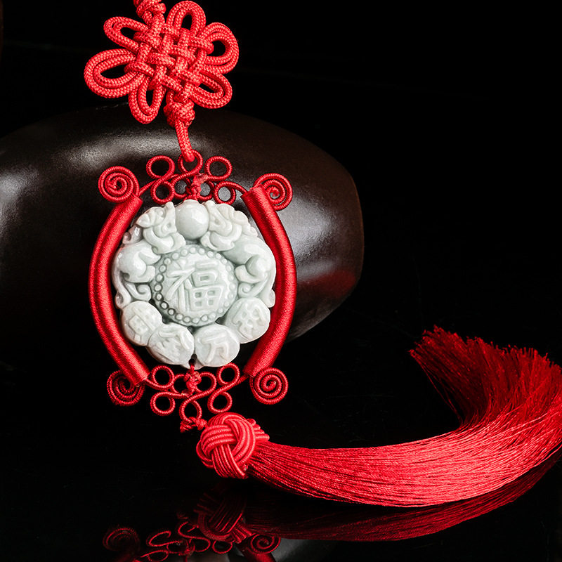 天然A货翡翠双貔貅高档汽车挂饰保平安中国结长流苏车内饰