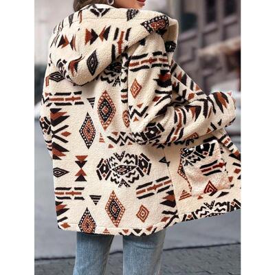 Women's Geometric Pattern Hooded Fleece Jacket Mid Length