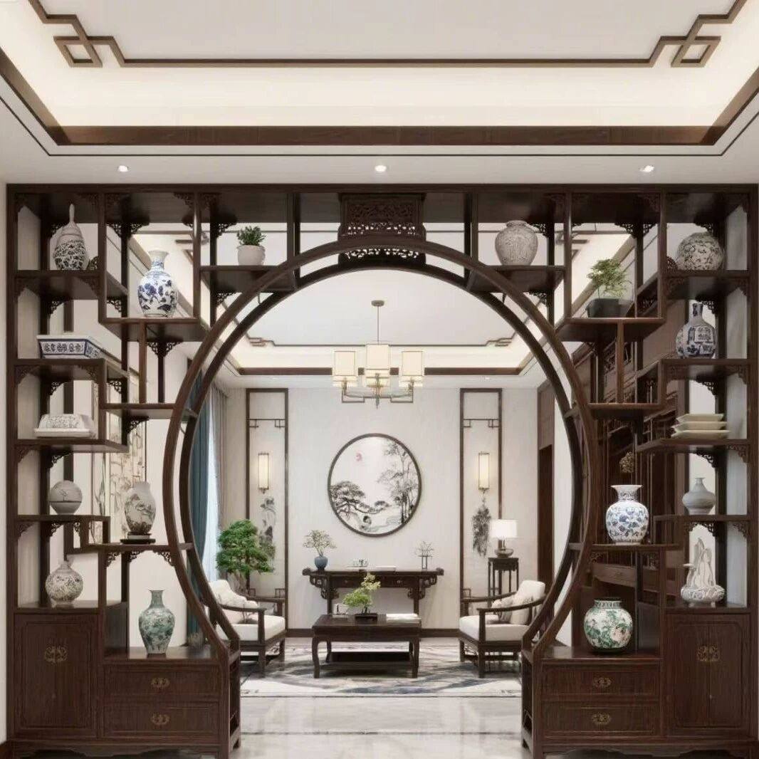 实木月洞门博古架新中式客厅圆洞门隔断花格月亮门展示柜玄关拱门
