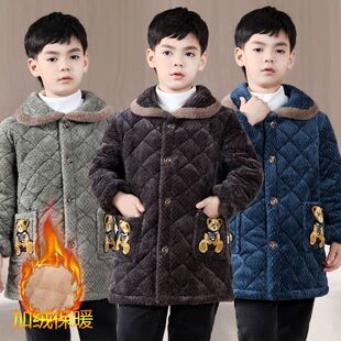 冬季小男孩外套保暖睡衣家居服男童棉衣棉袄三层加绒加厚罩衣棉服