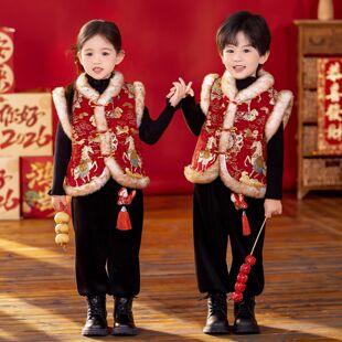 一岁男宝宝过年喜庆衣服儿童新中式马甲拜年服套装2025冬季男女宝