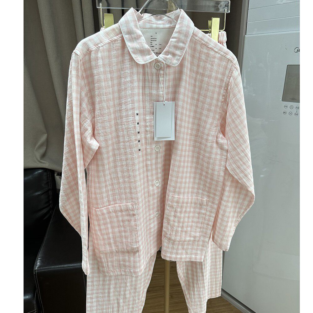 糖果色纯棉格子双层纱布大码无印睡衣女长袖透气四季款全棉家居服