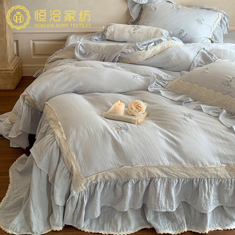 法式浪漫风全棉皱皱纱四件套少女心玫瑰刺绣蕾丝被套床品粉蓝色