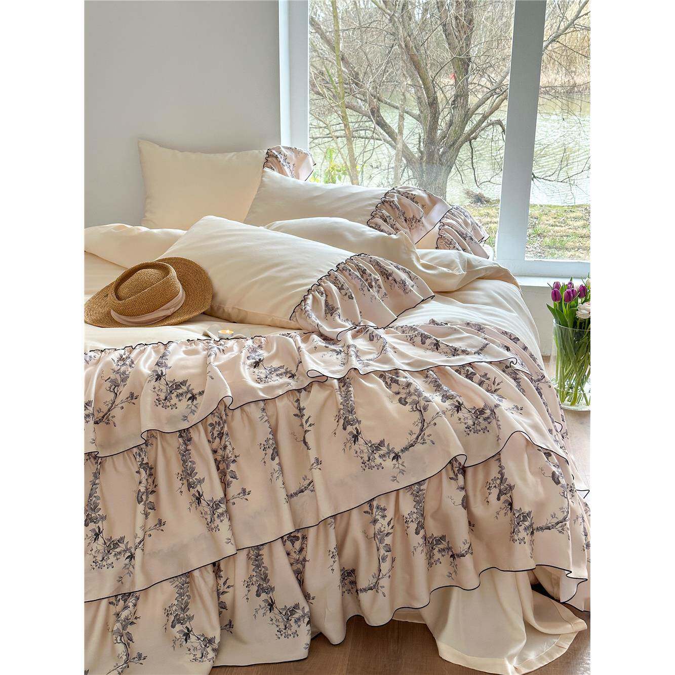 奥地利进口80支双面天丝四件套水墨画风景花边被套床上冰丝套件