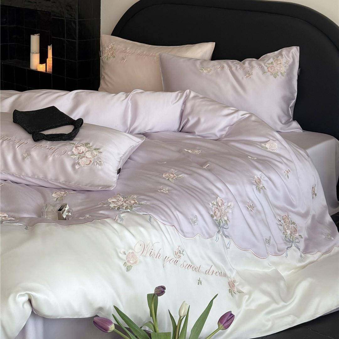 少女心花卉刺绣丝滑凉感床品夏季兰精莱赛尔天丝四件套家纺泡芙发