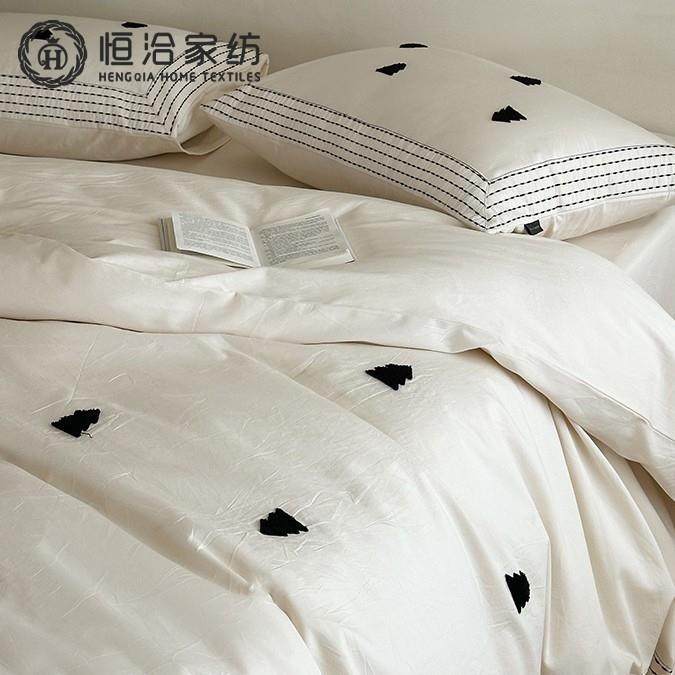 A类高支小清新全棉贡缎四件套小树毛巾刺绣纯棉白色被套床上用品