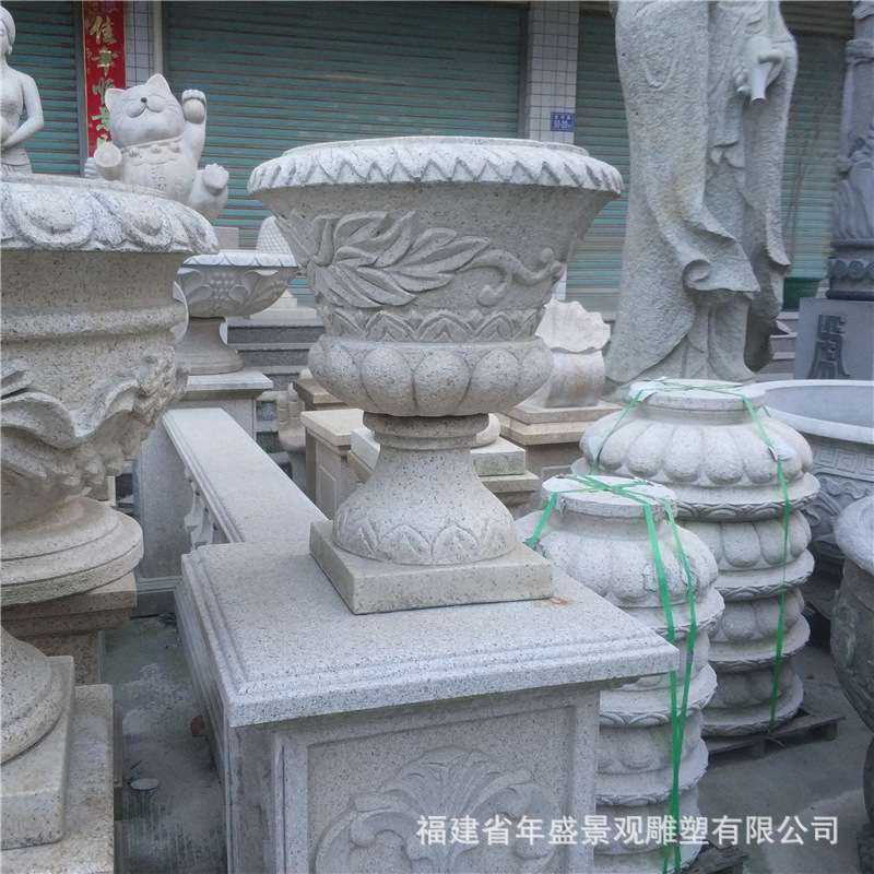 西式石头花盆带底座 室外园艺花钵 专业石雕厂家景观雕塑