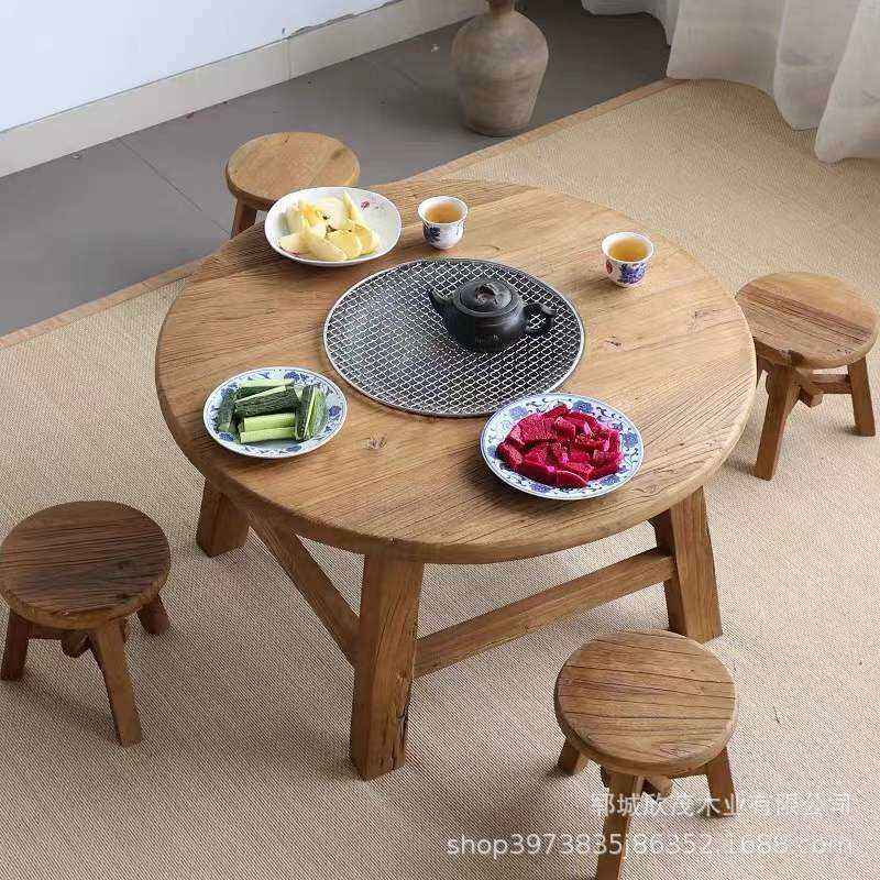 老榆木茶桌围炉煮矮茶台复古圆形一桌四椅家具风化实木家用茶几桌