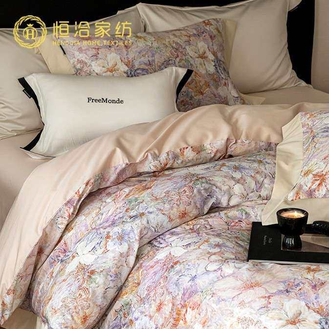 轻奢风高支长绒棉四件套全棉纯棉花卉数码印花拼角被套床品粉紫色