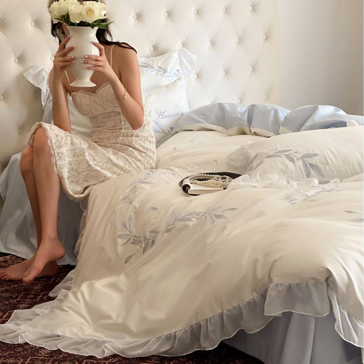 轻奢风法式少女心长绒棉刺绣四件套全棉蕾丝花边被套床上用品