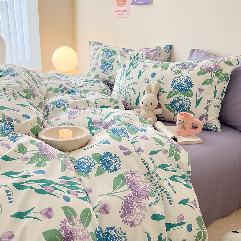 田园风植物花卉紫色全棉被套单件宿舍被罩四件套150*200*230c