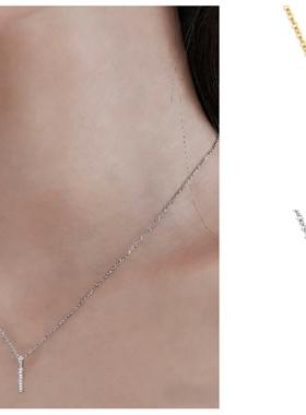 通体s925纯银镀金镶钻一字坠项链女挂坠排钻小直棍气质优雅锁骨链