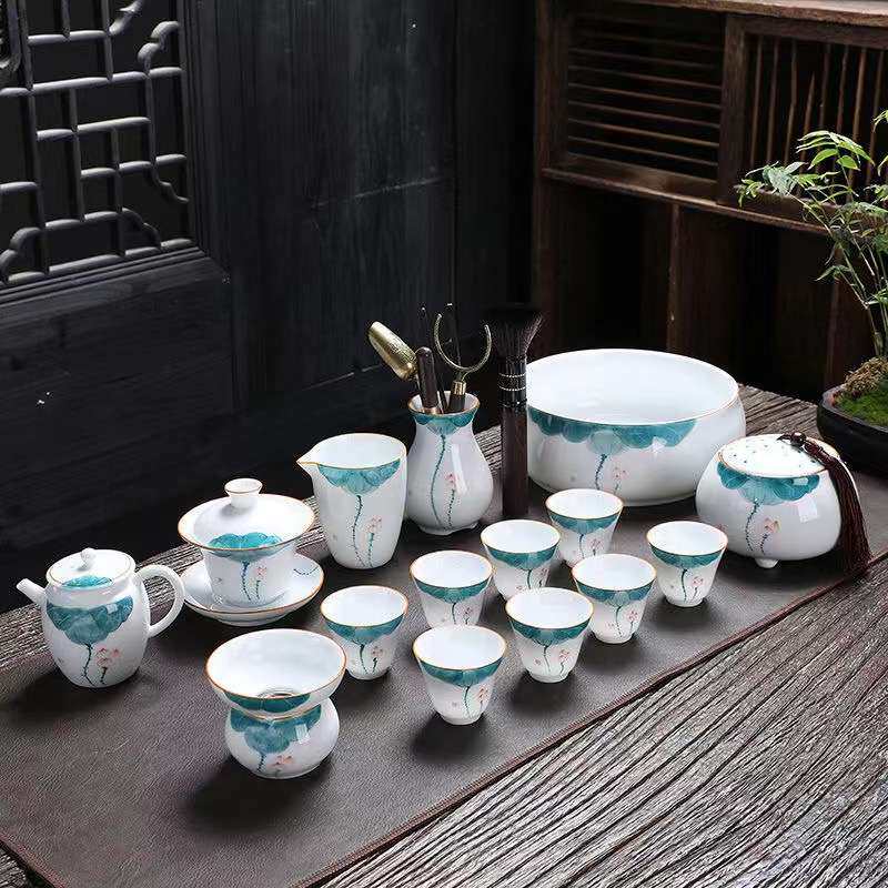 手绘荷韵茶具套装泡茶陶瓷整套家用茶艺工具盖碗茶壶高档简约茶器
