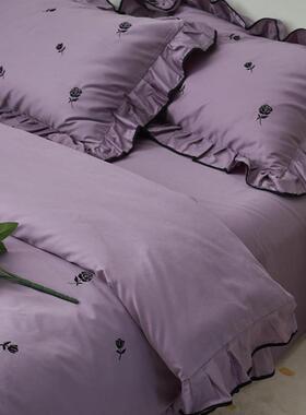 法式超浪漫紫色玫瑰花全棉100支长绒棉四件套复古刺绣荷叶边床品