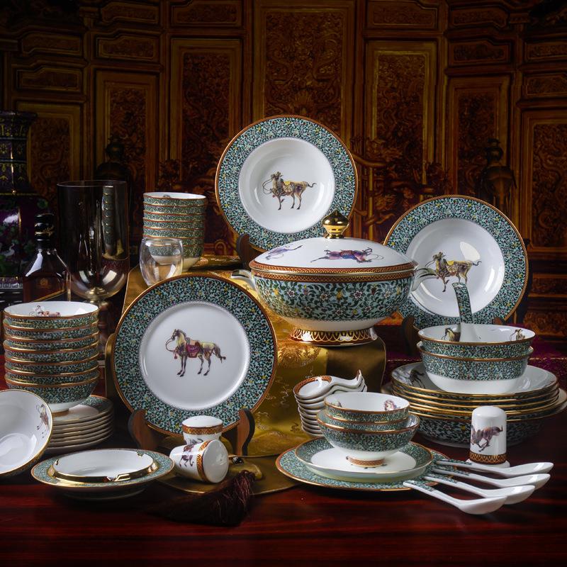 轻奢宫廷风珐琅彩百马图景德镇陶瓷餐具套装欧式骨瓷碗盘勺碟乔迁