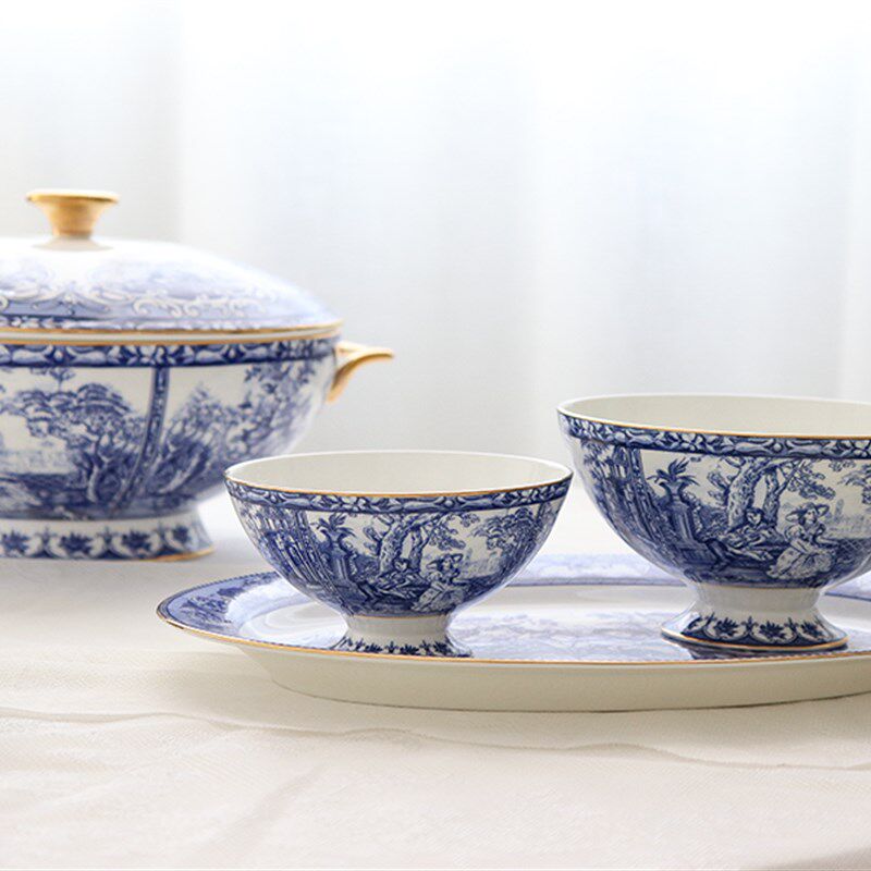 出口欧式复古青花描金系列骨瓷精致餐具轻奢平盘汤盘汤锅鱼盘碗