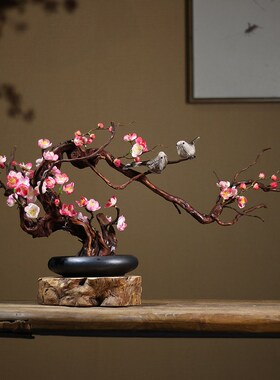 仿真上意腊家花盆景中式客厅梅居饰品酒店茶桌博古架喜禅眉梢摆件