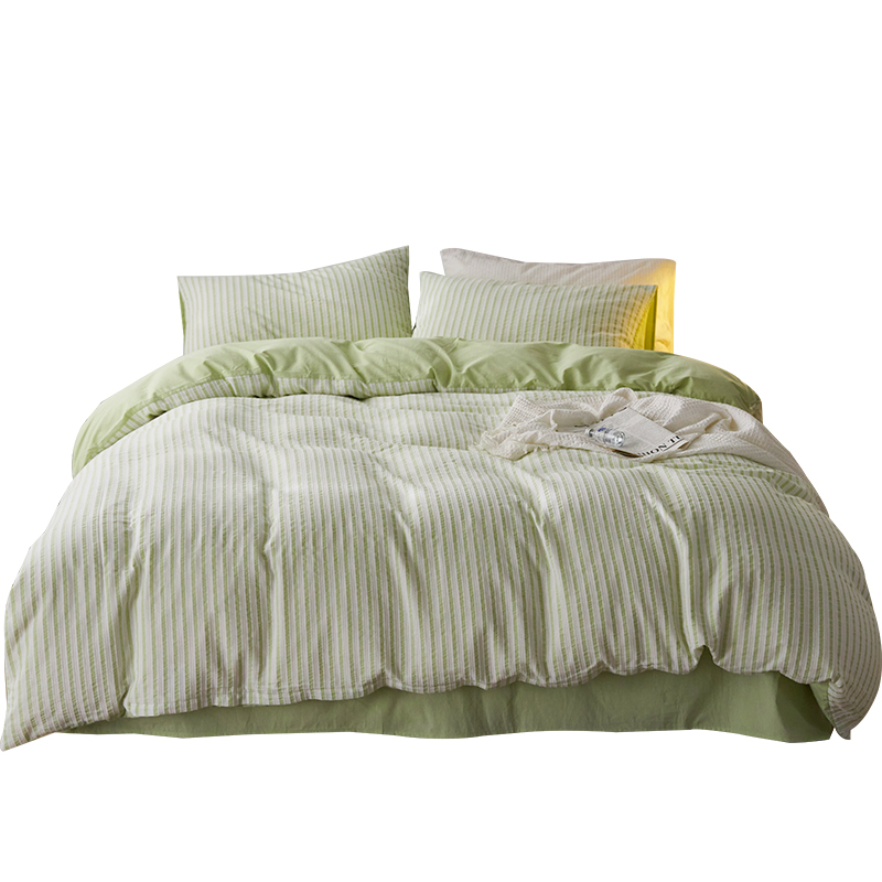 小清新水洗棉提花四件套简约条纹全棉床单被罩床笠三件套宿舍