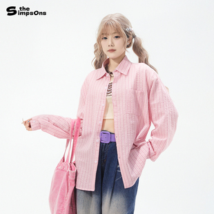 开衫 辛普森一家衬衫 情侣装 复古潮男士 休闲衬衣女外套 粉色条纹美式