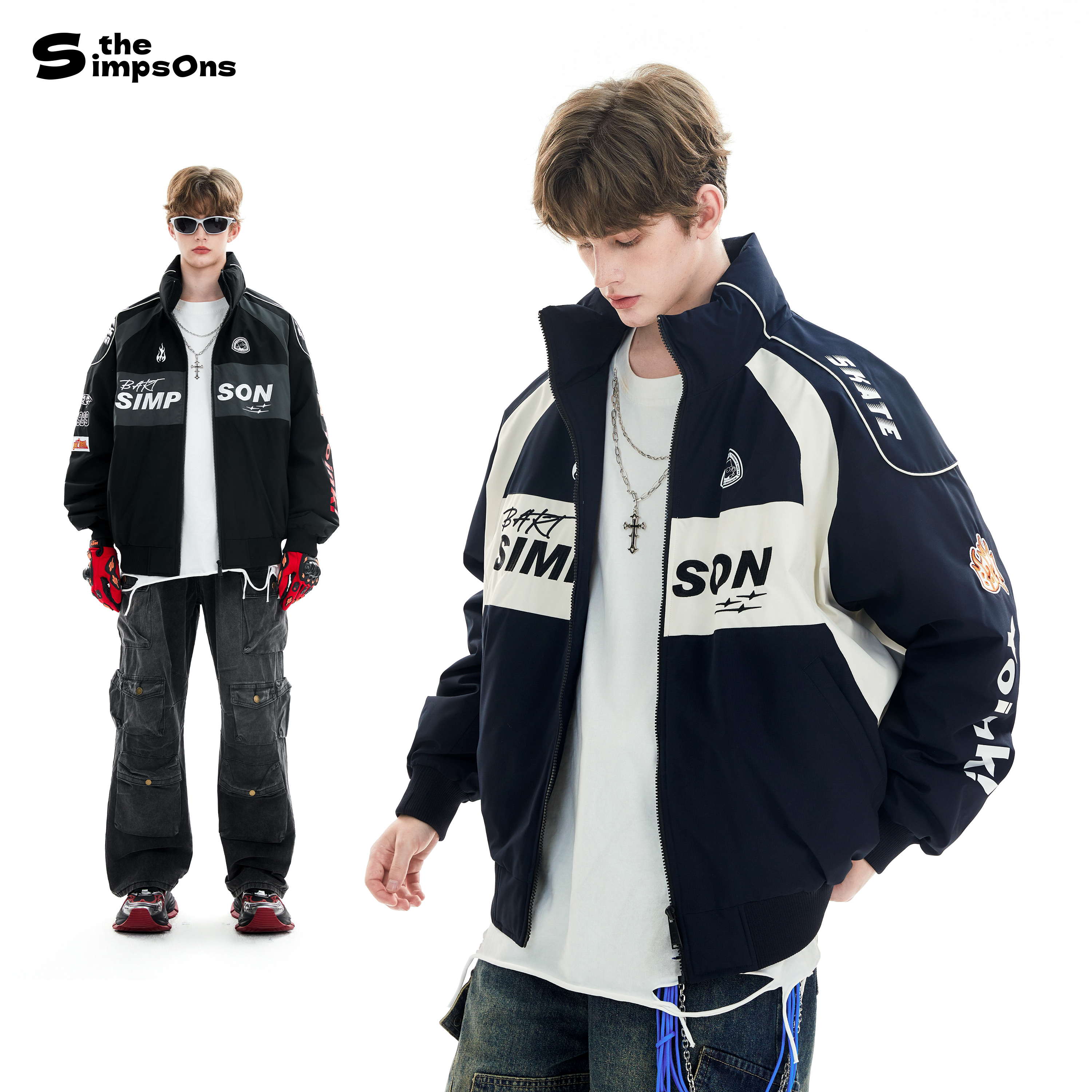 辛普森一家赛车羽绒服男东北零下冬季新款保暖立领情侣机车外套女