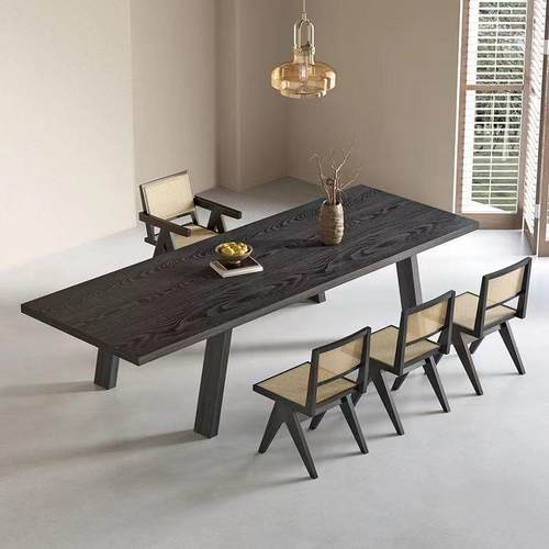 极简原木办公桌黑色全实木长桌现代会议桌洽谈桌客厅大板桌工作台